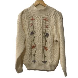 Vintage 80s Currants Hand Loomed Floral Cable Knit Sweater L Made in Korea